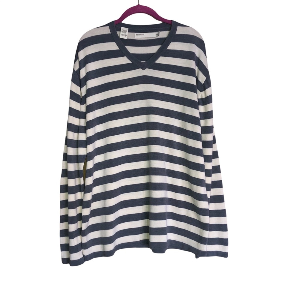 Striped V-Neck Sweater - Navy and White